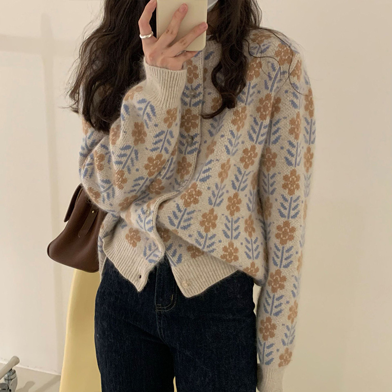 

Women's Sweaters Tigena floral print mesh cardigan women vintage spring fall single breast long sleeve female button sweater GKD9, 1# shoe box
