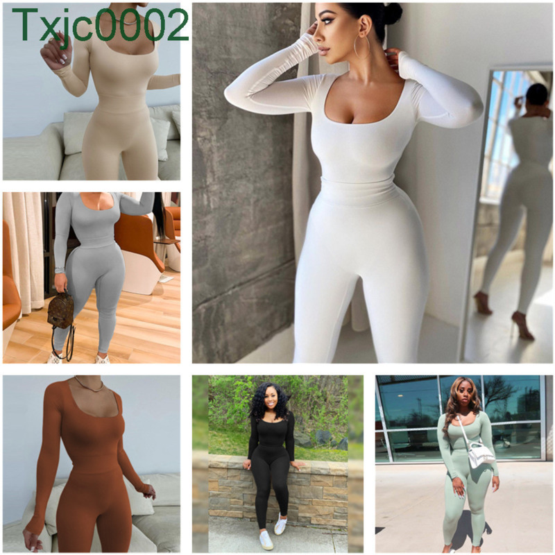 

Women Tracksuits Two Piece Set Designer Slim Sexy Height Elastic Jumpsuits Leggings Solid Color Low Chest Long Sleeve High Waist 6 Colours, Brown