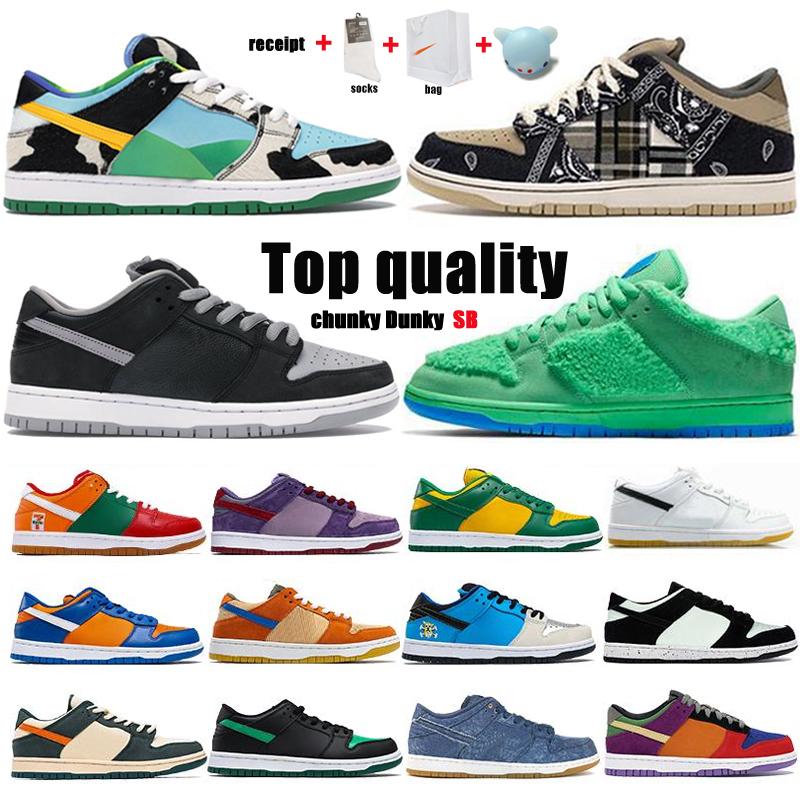 

2021 SB Dunk Travis Scotts Running Shoes Strangelove Chunky Dunky Red Green White Brand Black Parachute Beige Men Women Skate Sports Sneakers Size 36-46 With Half