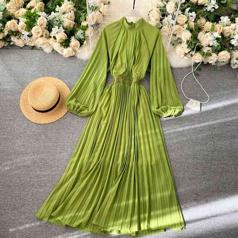 

Women Spring Autumn Long Robe Fashion Puff Sleeve Slim A Line Vintage Dresses Ladies Elegant Pleated Dress Vestidos 210602, Yellow