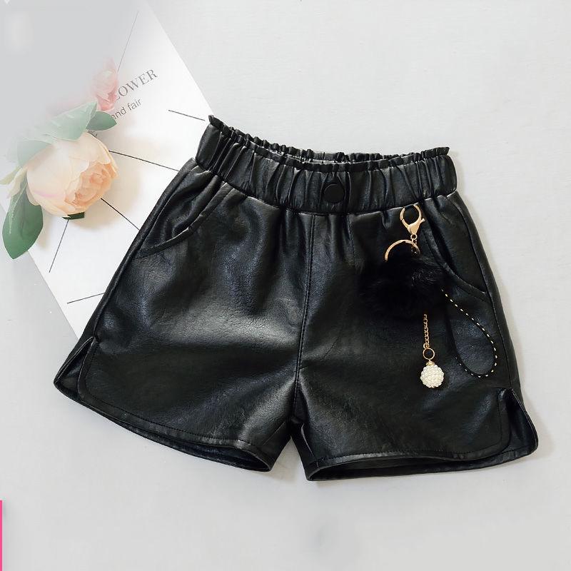 

New 2021 Spring Autumn PU Leather Shorts for Kid Girls Faux Leather Shorts Children Casual Solid High Waist Elastic Bottom D551, Black