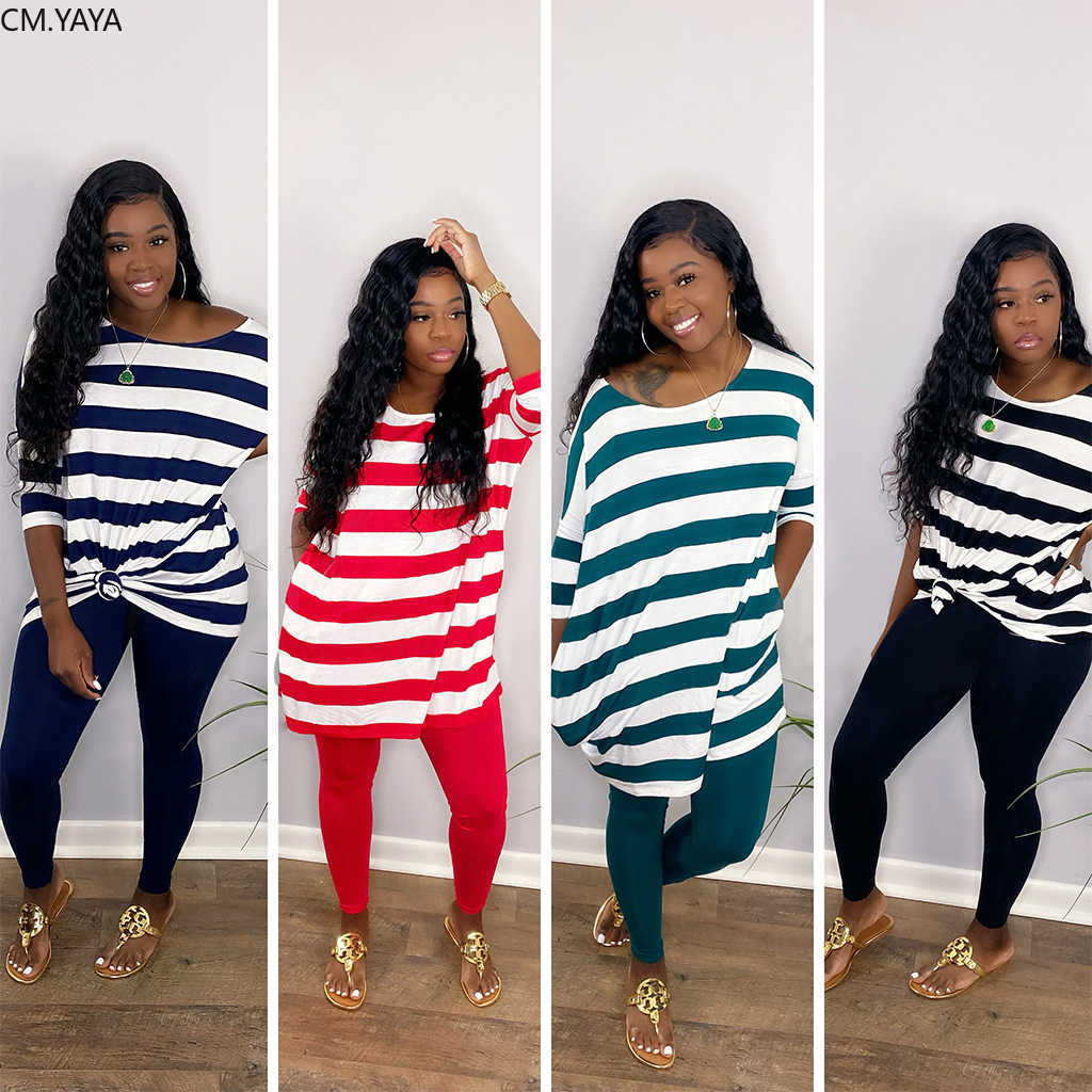 

CM.YAYA Active Wear Women's Set Batwing Sleeve Striped Tee Tops Leggings Pants Suit Tracksuit Two Piece Set Fitness Outfit Y0625, Green