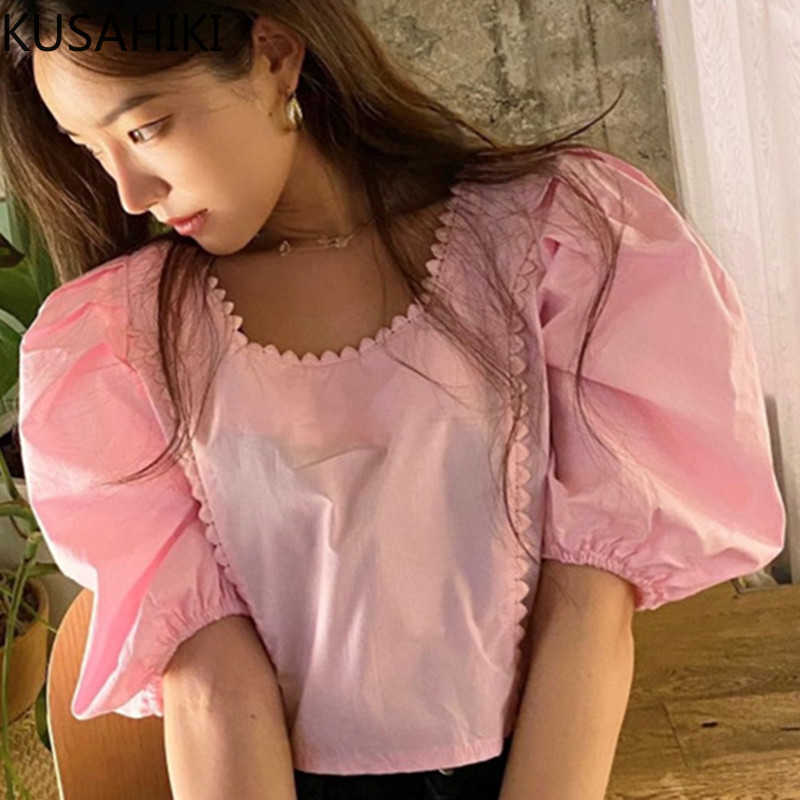 

Korea Chic Puff Sleeve Blouse Shirt Cusal Crop Top Blusas Femme Summer Elegant Square Collar Mujer 6F943 210603, Black