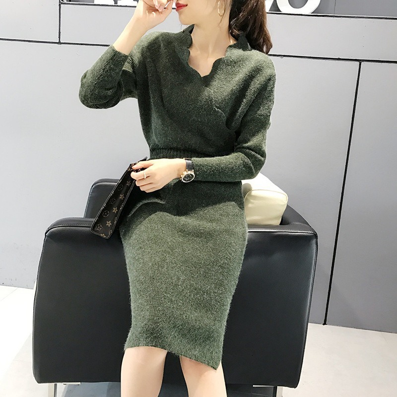 

2021 New Autumn Rabbit Hair Women Es Warm Winter Female Long Sweater Knitted Vestidos Black Red Woman High Waist B258