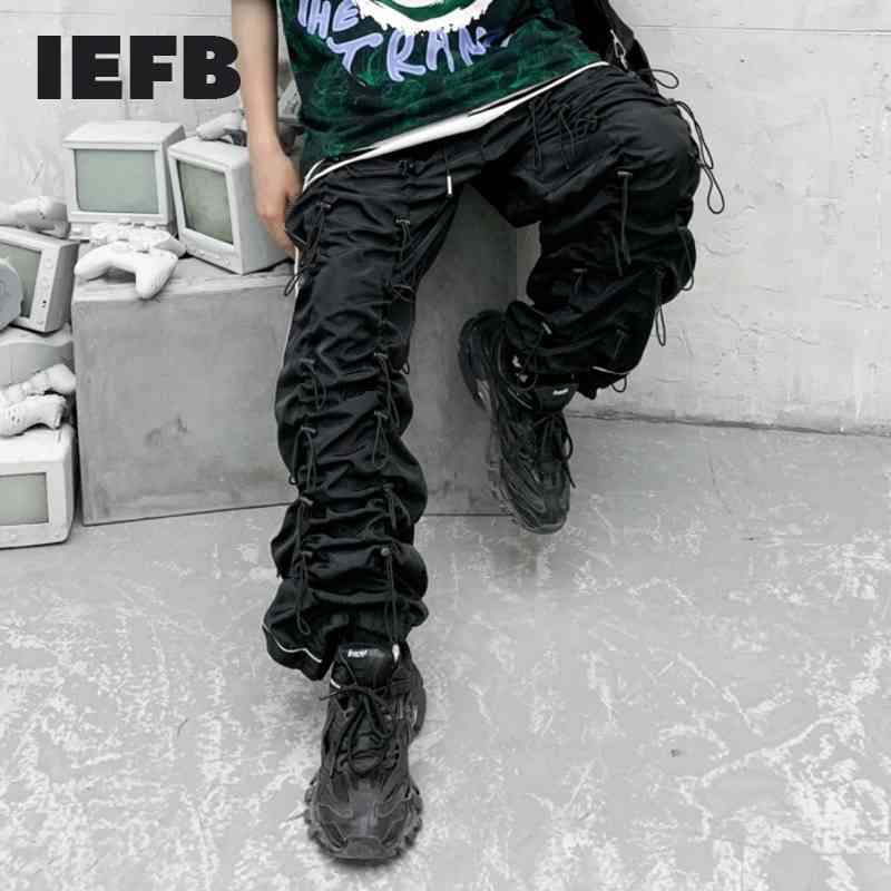 

IEFB /men's and women's wear High-quality functional drawstring Sweatpants spring streetwear casual loose pants 9Y1317 210616, Black