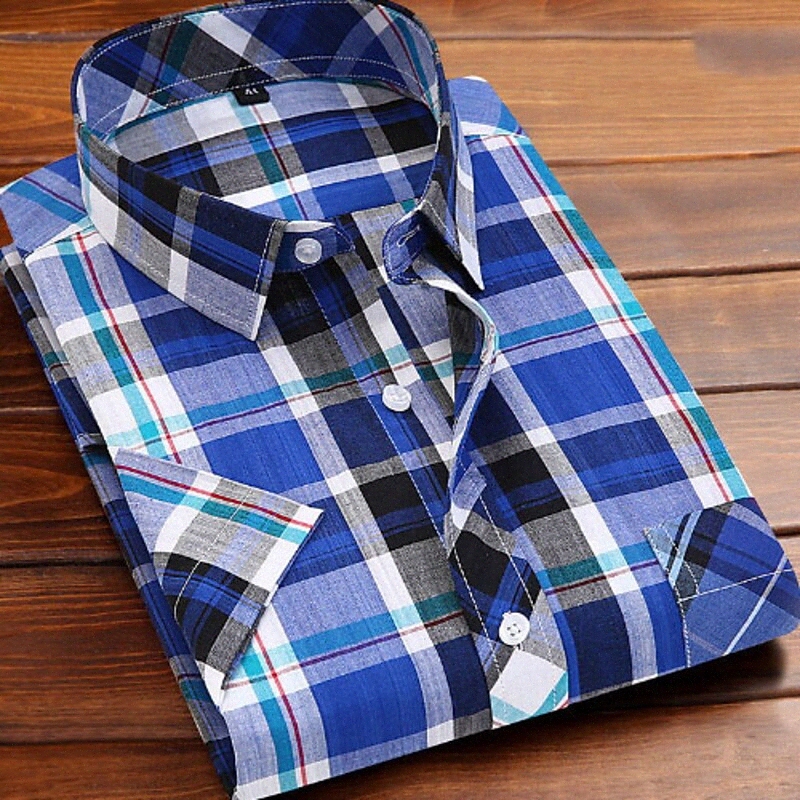 Men's Shirt Plaid Button Down Collar Daily Print Short Sleeve Tops Blue q99w#