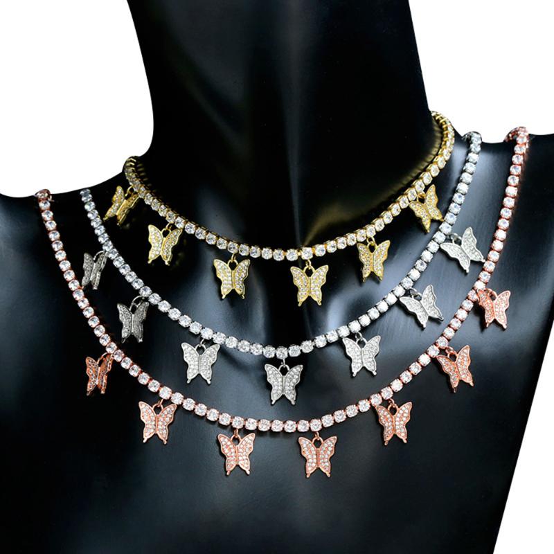 

Pendant Necklaces Brass 3mm CZ Tennis Chain Matching 7pcs Butterfly Pendants Rhodium/Gold/Rose Gold Color Necklace For Women