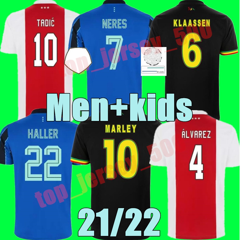 

New 21 22 Bob Marley Soccer Jerseys TADIC BERGHUIS ajaxes HALLER Third black Kit BLIND NERES CRUYFF KLAASSEN GRAVENBERCH 2022 football shirts men kids sets uniforms, Adult away+champion patch