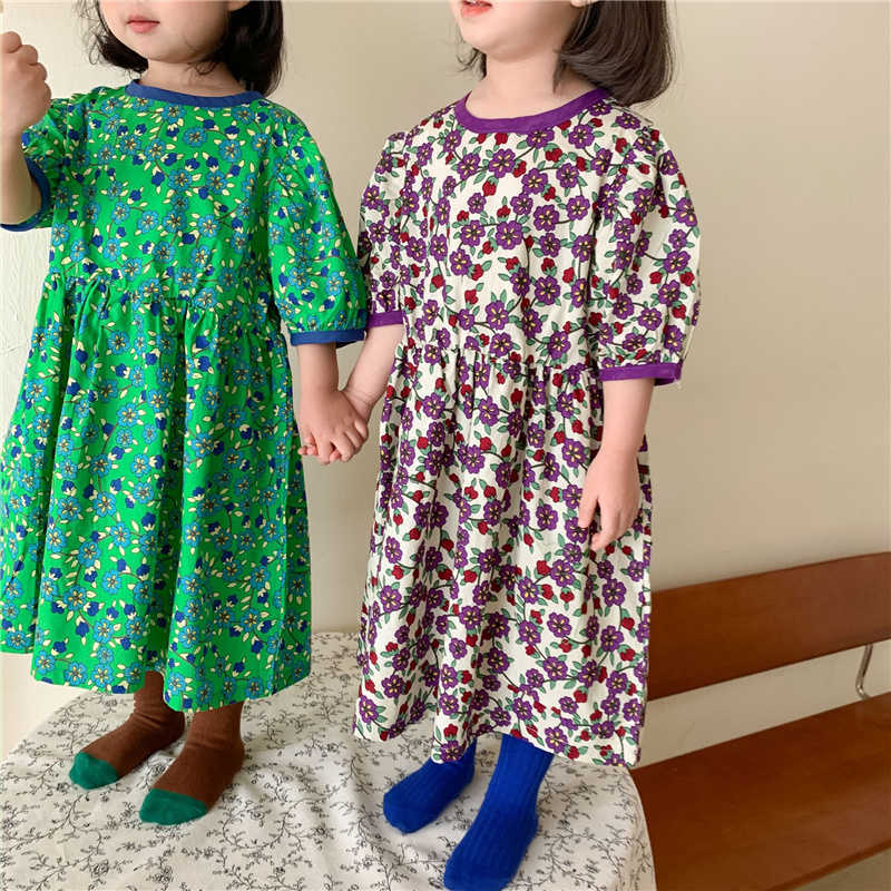 

Korean style cute kids floral short sleeve dress baby girls loose casual long dresses 2-6Y 210615, Rgreen