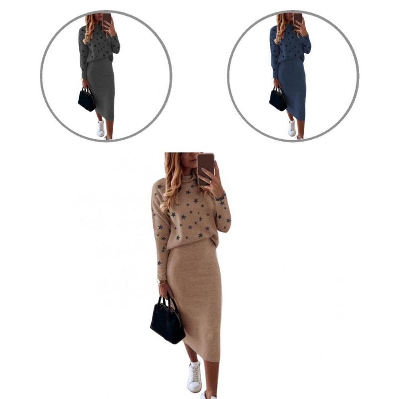 

Two Piece Dress Lady 1 Set Casual Slim Mid-Calf Skirt Suit Autumn Winter Pullover Skinny For Dating, Brown