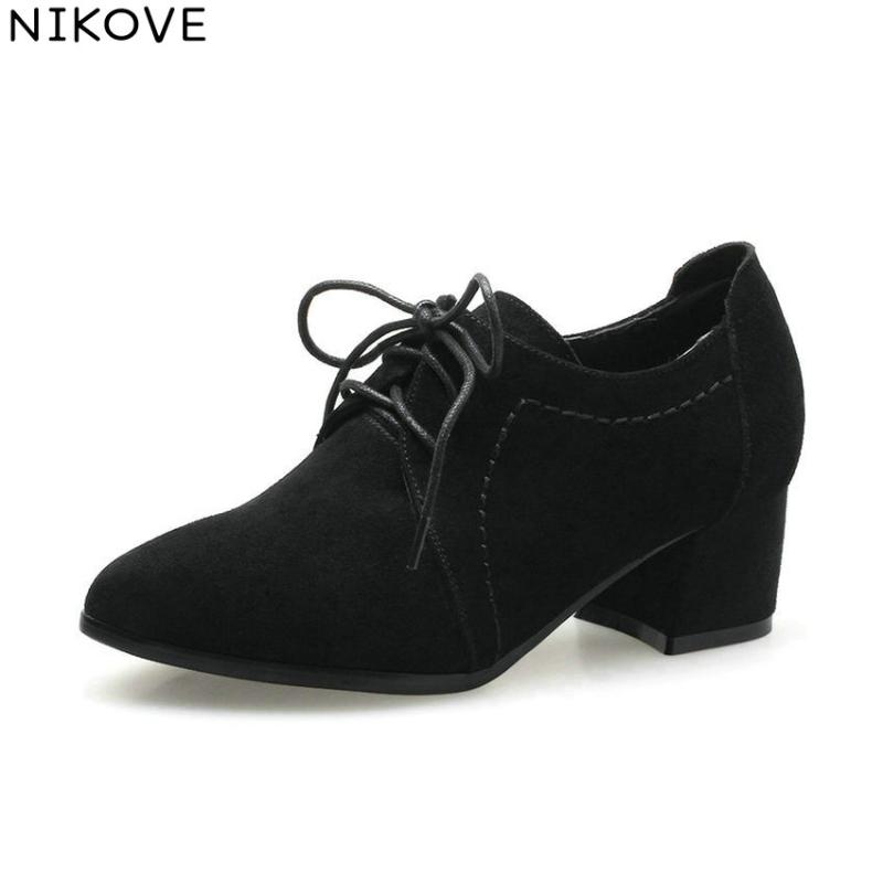 

NIKOVE 2021 Women Pumps High Heels Spring Pointed Toe Western Style Cow Suede PU Square Heels Lace Up Women Shoes Size 34-43, Beige