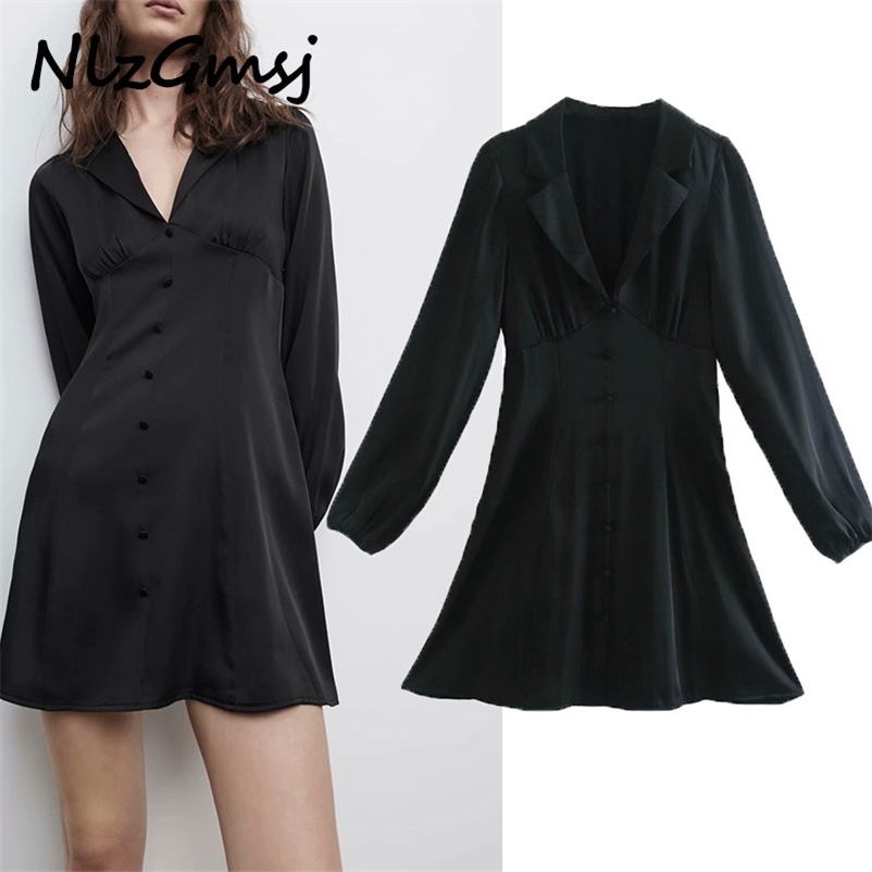 

Dress Woman Summer Texture Retro Mini Black Women Long Sleeve Loose Turn-down Collar Elegant e 210628, As picture