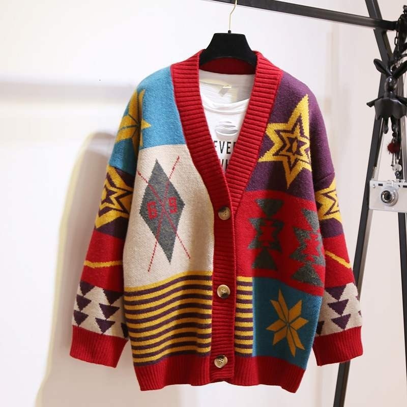 

2021 New Red Printing Geometric Shirts Chic Holiday Outerwear Winter Womens Blouses -v-neck Only Breasted Mesh Cardigans Top 839w