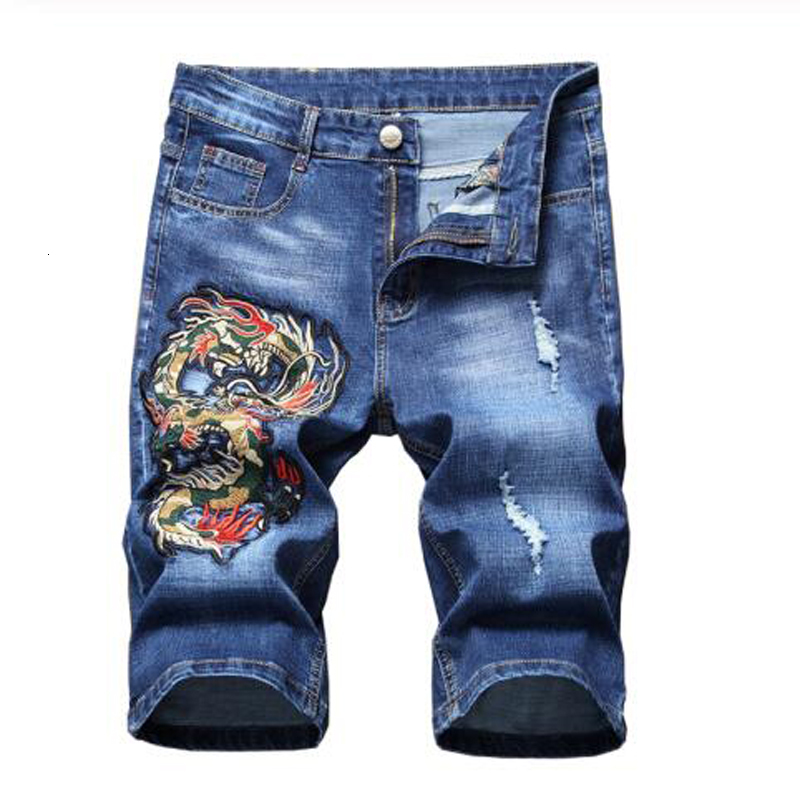 

2021 New Men's Male Fashion Casual Dragon Embroidery Patch Denim Shorts Summer Trendy Slim Black Blue Ripped Jeans Knee Length Capri Xpme