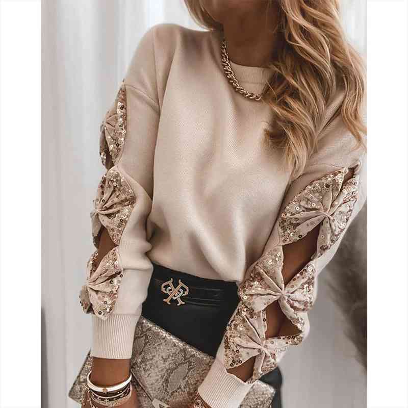 

Women Elegant Blouse Shirts Spring Fall Ladies Sequin Bowknot Hollow Long Sleeve Knit Sweater Casual Tops Blouses Female, White