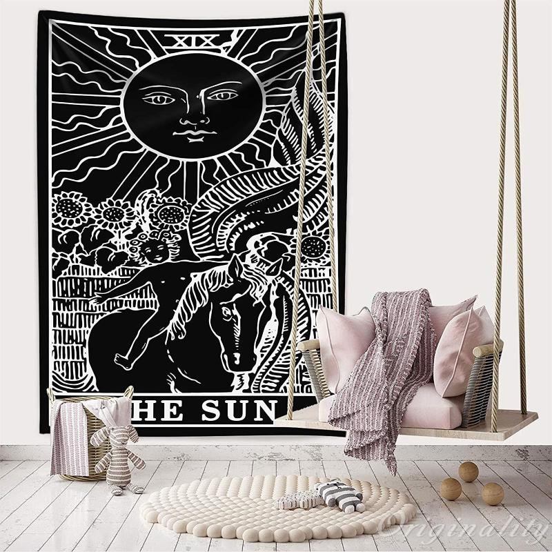 

Tapestries Black And White Tarot Card Tapestry Medieval Europe Divination Flag Aesthetic Sun Wall Hanging For Bedroom Dorm Room Decor