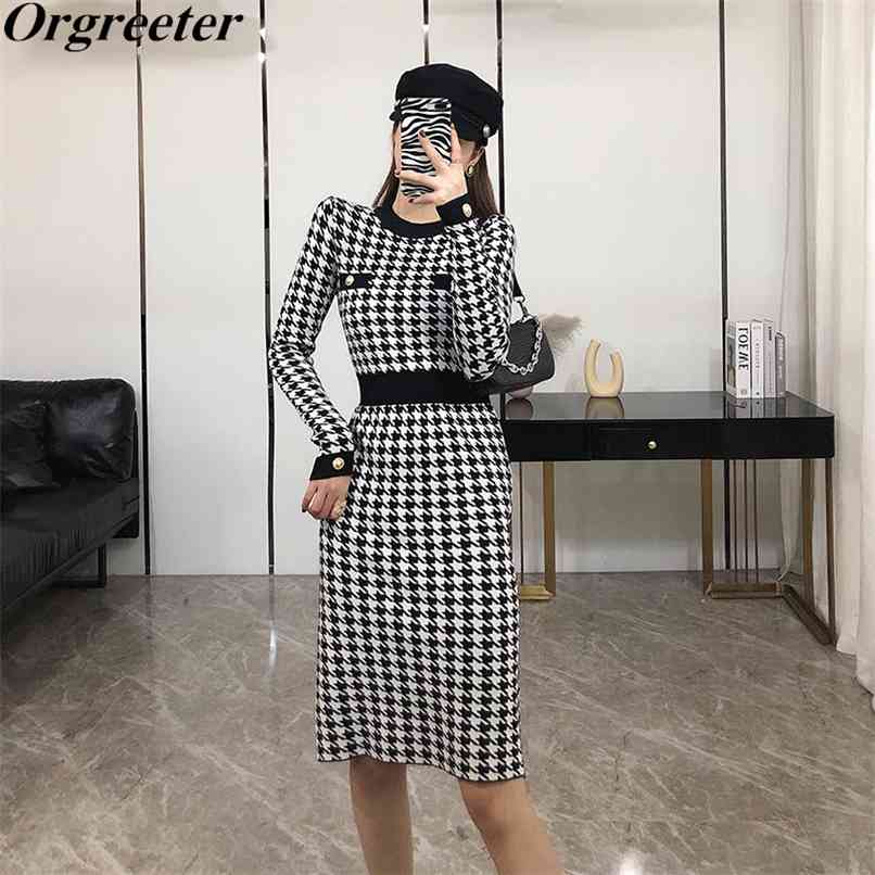 

Hepburn style Classic fashion houndstooth Sweater Dress O-neck Pullover Hit color Slim Long Sleeve OL Work Elegant Knitted 210602, Black