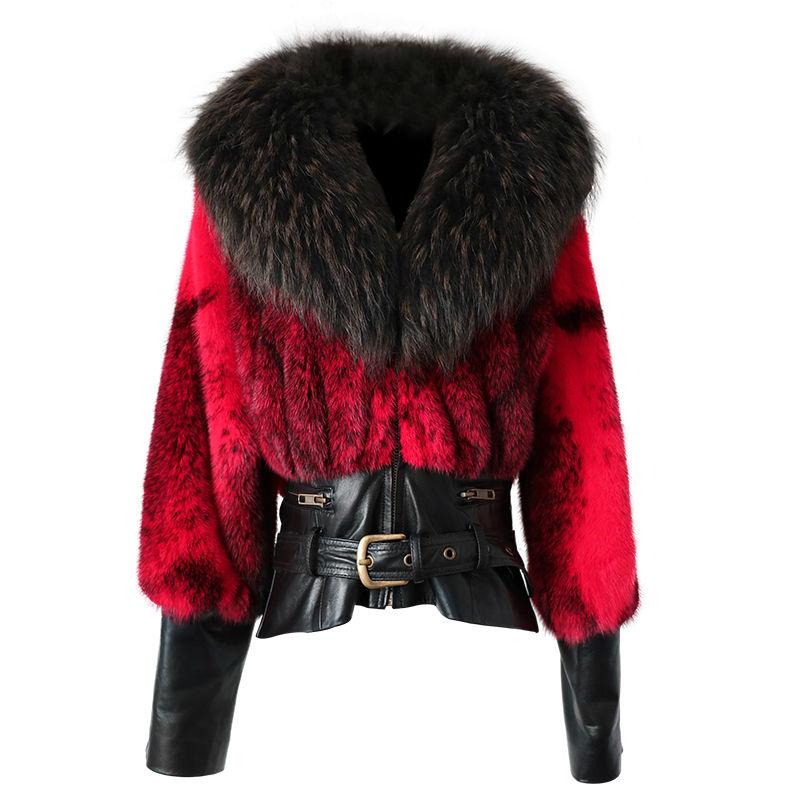

Women's Fur & Faux Arlenesain Custom 2021 Design Read Color Patchwork Genuine Leather Sheepskin Women Jacket With Raccoon Collar, Red