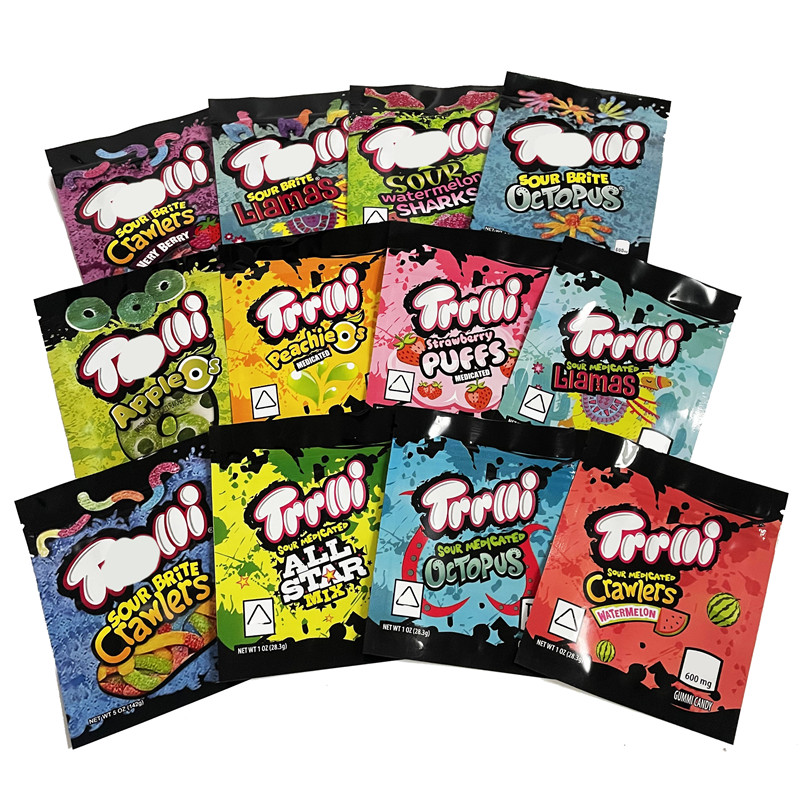 

Empty Edibles Packaging bags Trrlli Gummi Candy 600MG Mylar Bag Resealable Watermelon Sharks Strawberry Puffs Sour Medicated