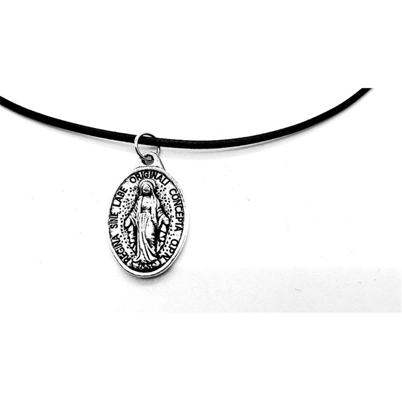 Ancient silver Virgin Mary Christian Cross Jesus leather rope Charm Necklace lucky amulet jewelry-image-703578484