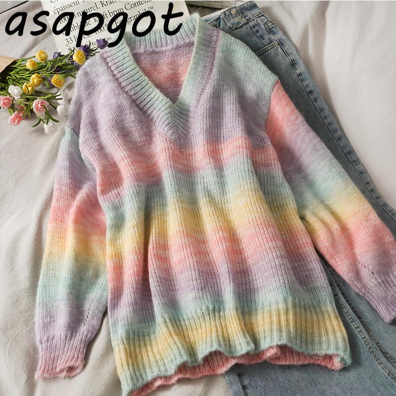 

Women's Sweaters 3style Sweet Mid Length Thick Wild Knitwear V Neck Rainbow Pullovers Sweater Women Gradient Long-sleeved Coat Pull, White;black