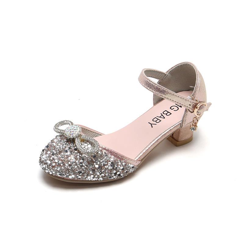 

Girls Crystal Shoes High Heeled Kids Heels Shoes Bling Shiny Children Glitter Leather with Bowtie Rhinestone Princess Chic, Pink