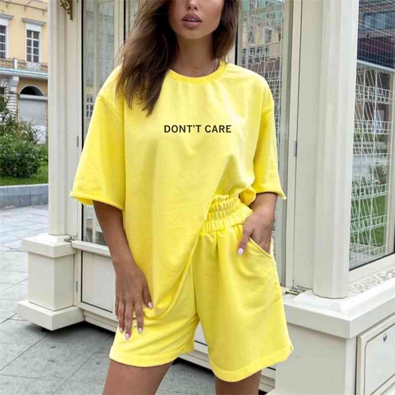 

Letter Print Women's Tracksuit Suit Sportswear Women T-shirt Shorts Tracksuits Sets Female Summer Casual Short Pants Suits 210721, 01 yellow solid