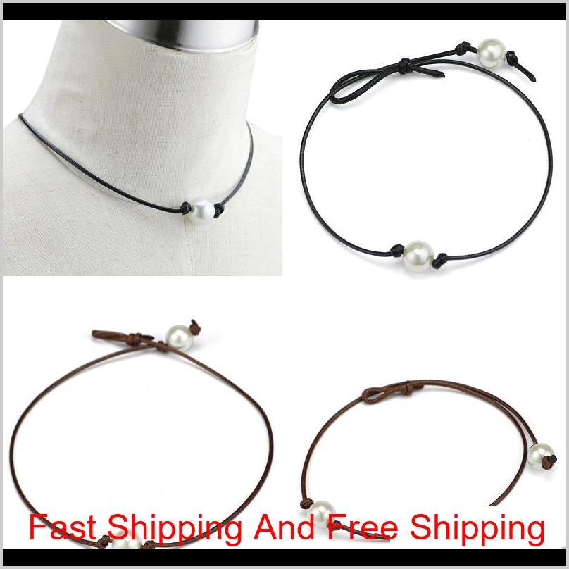 

Simple And Elegant High Luster Pearls Leather Choker Necklaces Women'S Punk Style Hand Knotted Fashion Jewelry 6Q0Yc Frfik, Black