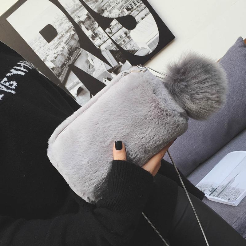 

Autumn Fashion New Womne Handbags High quality Fur Soft Plush Female Shoulder bag Sweet Lady Hair ball Messenger bag, Black