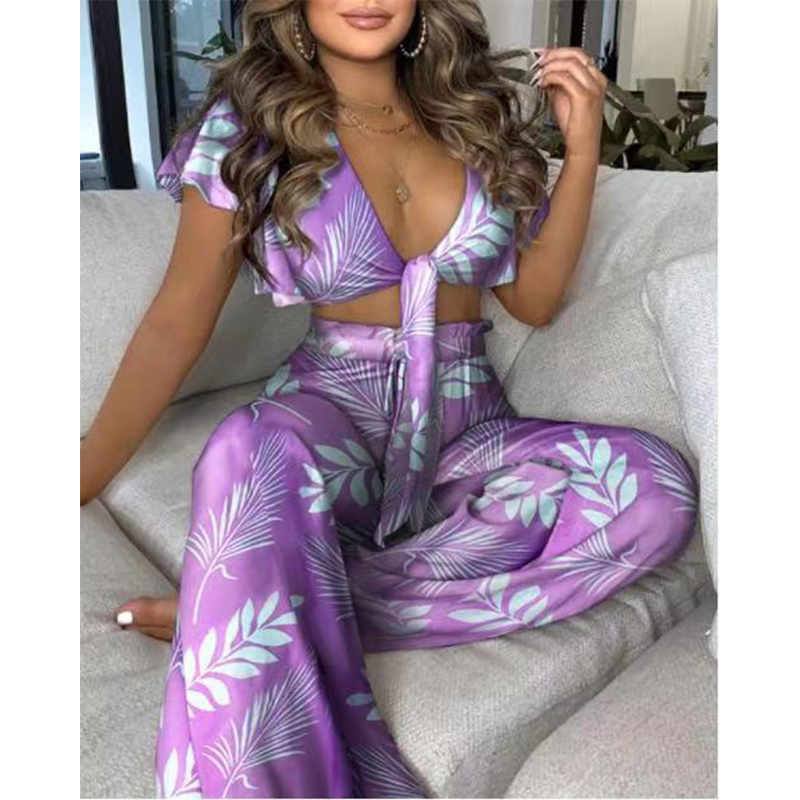 

2021 Summer Amazon AliExpress New Printed V-neck Tie Sexy Short Sleeve Trousers Set, White