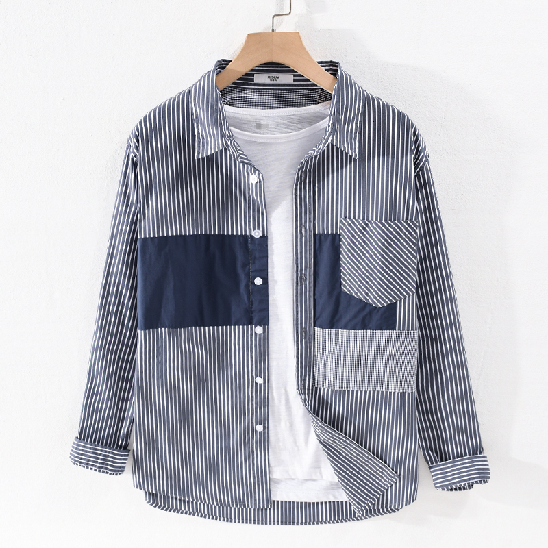 

2021 New Primavera e No Outono Manga Longa Marca Camisas De Algodo Dos Moda Confortvel Para Homens Casual Listrado Camisa 2um0, Blue