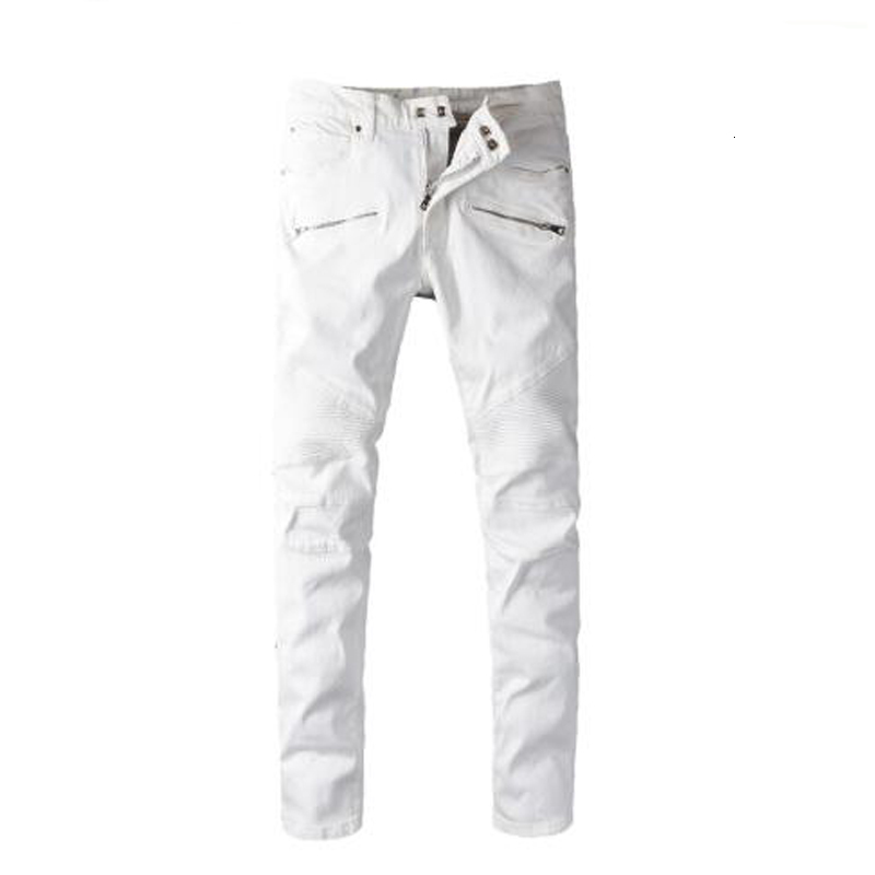 

2021 New Men's Male Fashion Casual White Pleated Biker Jeans Plus Size Slim Fit Stretch Denim Pants High Quality Trousers Xagh