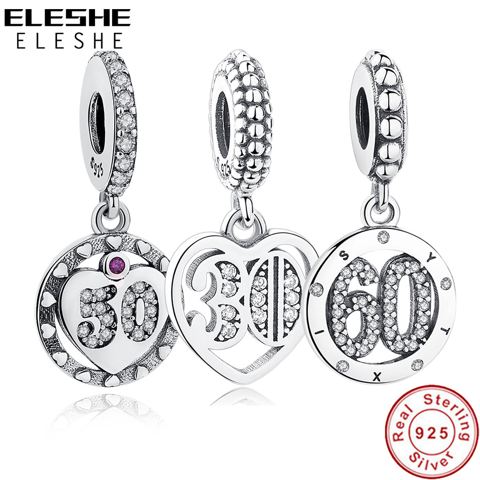 

ELESHE Authentic 925 Sterling Silver 30 Year Of Love Dangle Charm CZ Bead Fit Original Bracelet Necklace DIY Jewelry Q0531