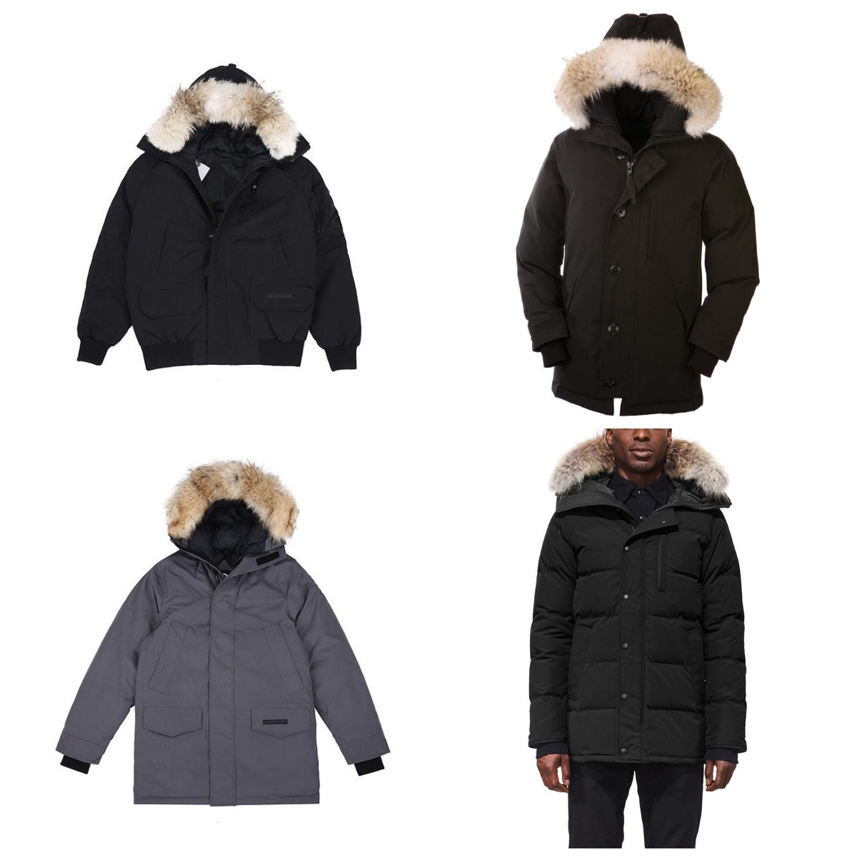 

2021 New Canada UK Men Winter Down Jacket Bomber Jackets Wolf Fur Fluffy Hooded Coat Outdoor Fashion Classic Male Windshield Warm Parkas Siz, Black