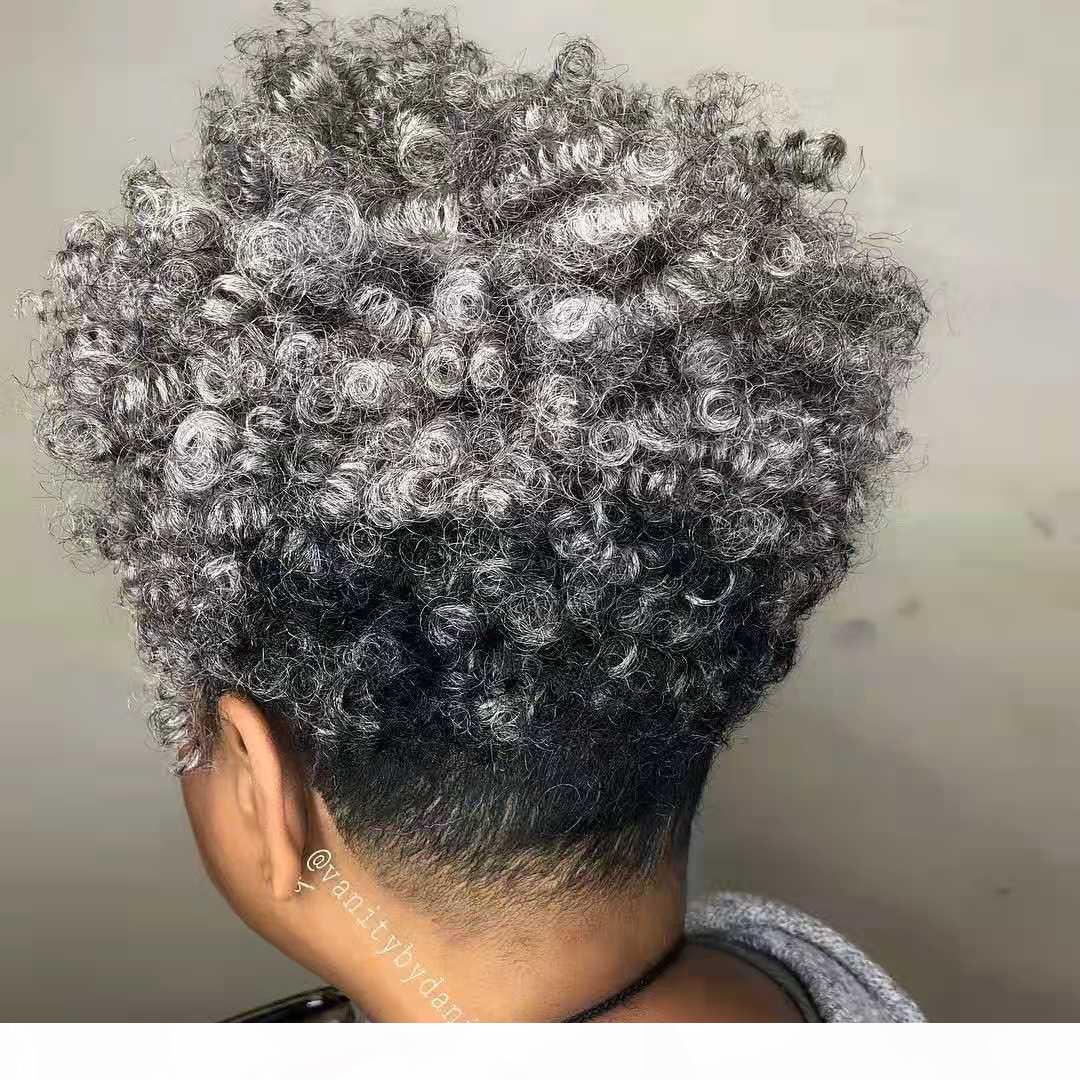 

Short afro kinky curlySalt and pepper silver grey human hair ponytail extension clips drawstring afro bun updo gray hair 120g 14inch, Black