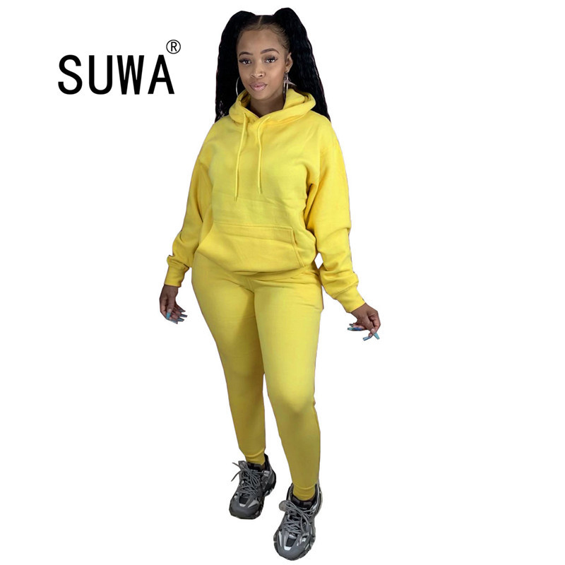 

Fashion Women Two Piece Set Hooded Sweatshirts Pencil Jogger Sweatpants Suit Tracksuit Fitness Sporty Outfit Matching Sets 210525, Pink