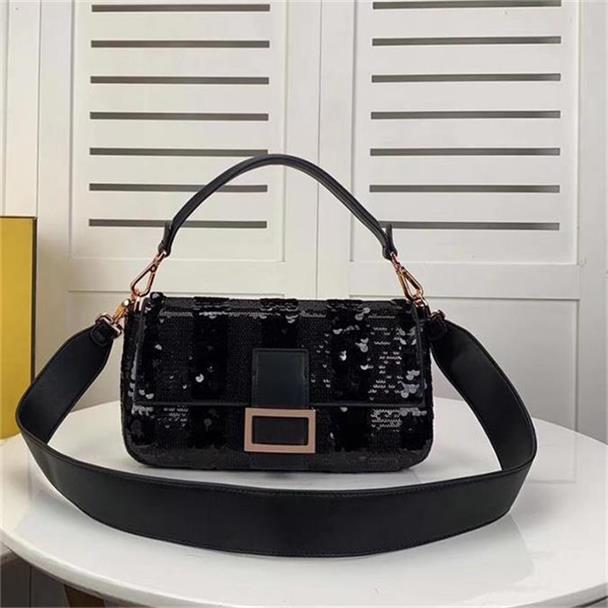 

High Quality Crssbody Flip Handbag Hot Sale Fashion Underarm Bag Black Leather Shoulder Bag Lady Sequins Wallet Medium Party