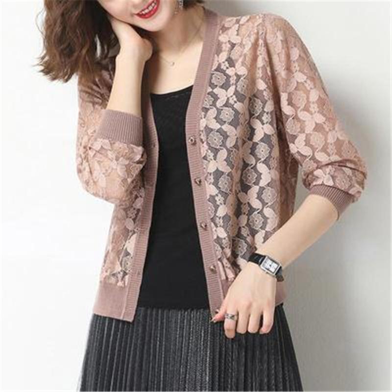 

Women's Knits & Tees Women 2022 Summer Fashion Long Sleeve Lace Cardigan Short Knitting Outerwear Female Casual Thin Hollow Out Sweater Top, White