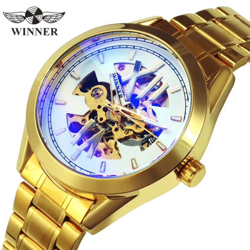 

Wristwatches WINNER Official Golden Mens Automatic Watches Top Skeleton Mechanical Watch Men Blue Mirror Case Fashion Male Clock, Sliver white