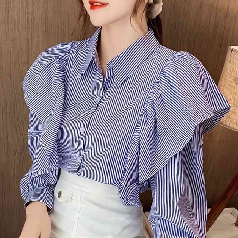 

Autumn Ruffles Chiffon Blouse Shirt Blouse Women Blusas Mujer De Moda Long Sleeve Striped Blouse Women Blouses Blusa D597 210602, Blue
