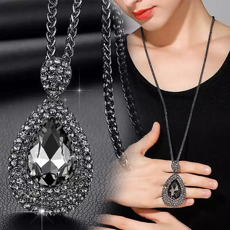 

RAVIMOUR Fashion Choker Women Jewelry Geometric Crystal Statement Pendant Necklace Silver Color Long Chain Colar