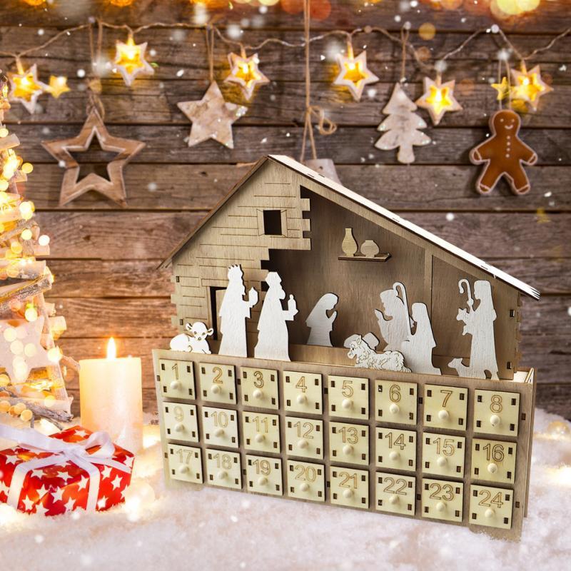 

Christmas Decorations Tree House Sleigh Wooden Advent Calendar Countdown Party Decor 24 Drawers With LED Light Ornament Household Tools