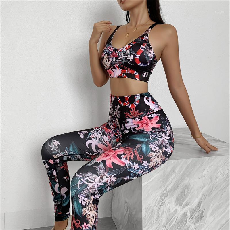

Yoga Outfit Women Set Printed Fitness Clothing High Waist Gym Leggings+Padded Push Up Sports Bra Running Sportswear Track Suit, As pic
