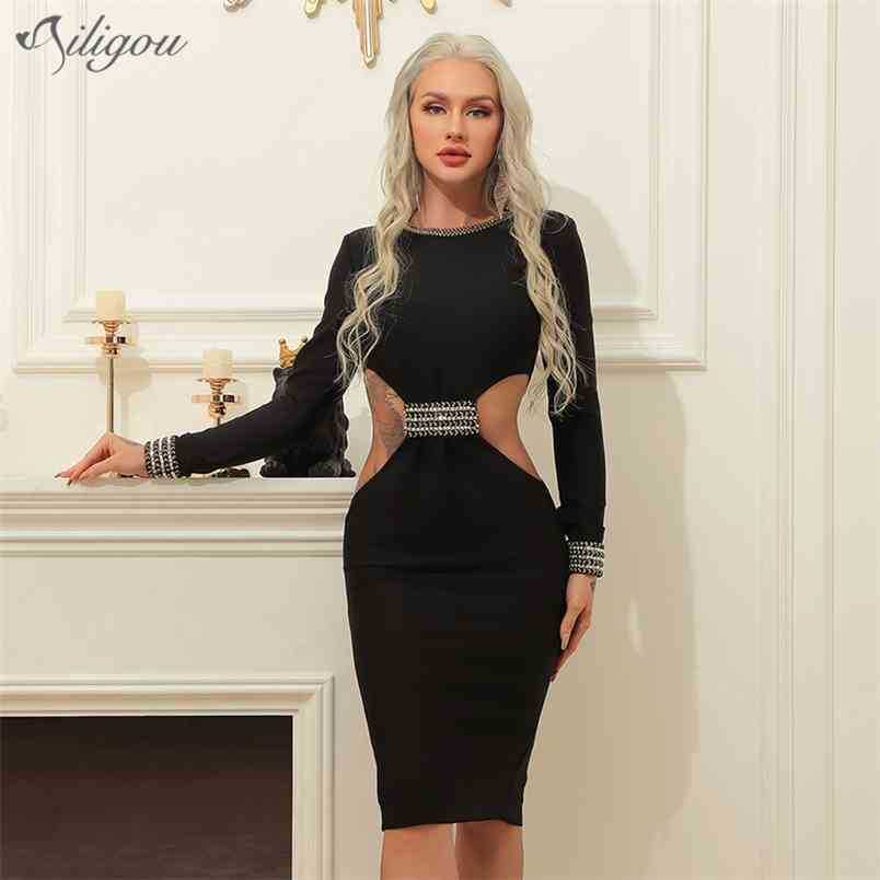 

Fashion Women Sexy Hollow Beaded Long Sleeve Round Neck Black Midi Bandage Celebrity Runway Party Club Dress 210525