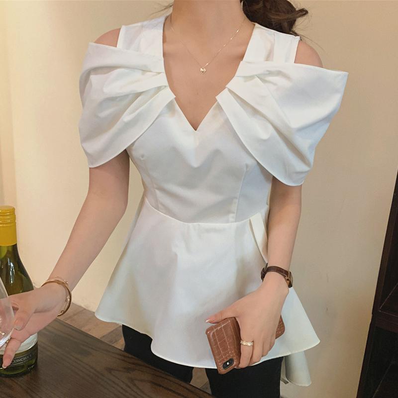 

Women's Blouses & Shirts 2021 Women Blouse Elegant Slim Waist Ruffle Tops Irregular Pleated Short Sleeve V-neck Shirt Sexy Strapless Blusas, White