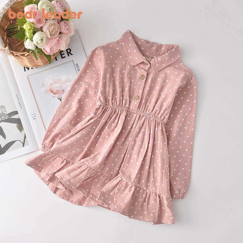 

Bear Leader Autumn Brand Girls Dress Turn-down Collar Kid Outfits Heart Print Pattern Cotton Dress Ruffle Clothing Girl 2-6Y 210708, Az1808 pink