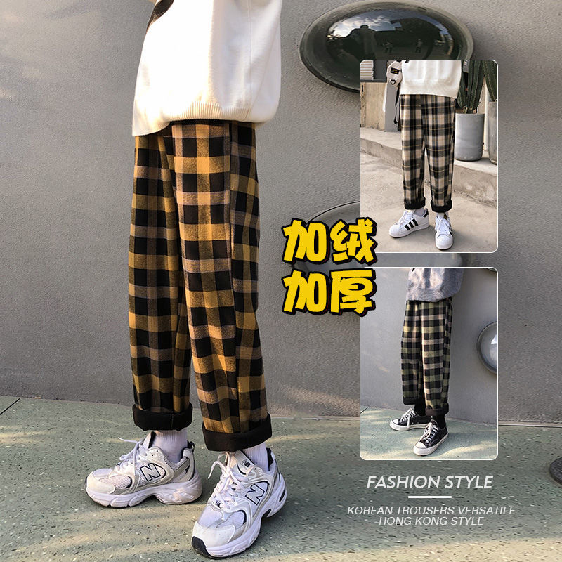 

2021 New Winter Men's Thicken Plush Casual Cargo Baggy Loose Streetwear Haren Pants Elastic Waist Lattice Printing Trousers Hfsn, Ginger