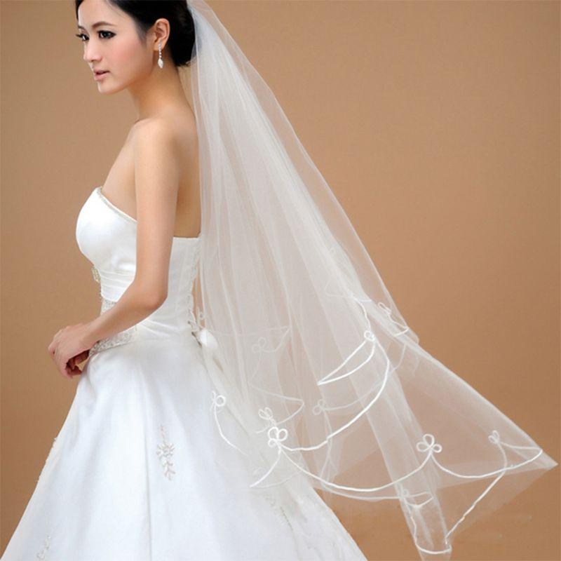 

Bridal Veils 1.5M One-Layer Women Short Fingertip Length Tulle Wedding Veil Spiral Wavy Satin Ribbon Trim Solid Color Sheer Thin