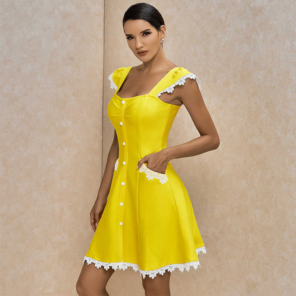 

Ocstrade Summer A Line Bandage Dress Fashion Women Yellow Sexy Mini Lace Bodycon Club Evening Party 210527