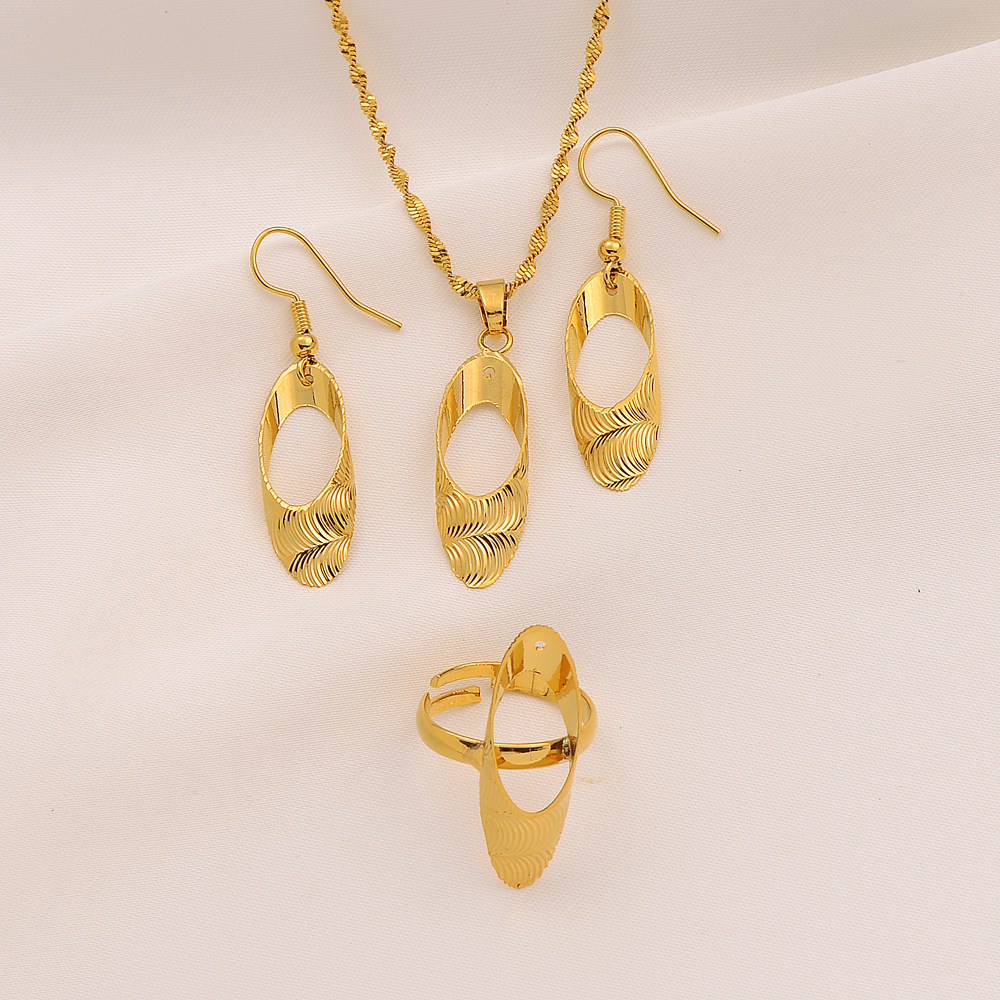 Fashion Retro Ellipse Hole Pendant Necklace Earrings Charm Jewelry Sets FINELY WORKED BRIGHT MADE IN ITALY 9k G/F Gold Colour-image-737901614